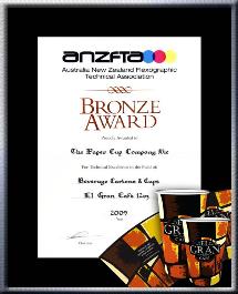 TPCC proudly won ANZFTA Top Award in "Beverage Cartons & Cups Halftone" in 2009 - Bronze_Award_ElGran12oz